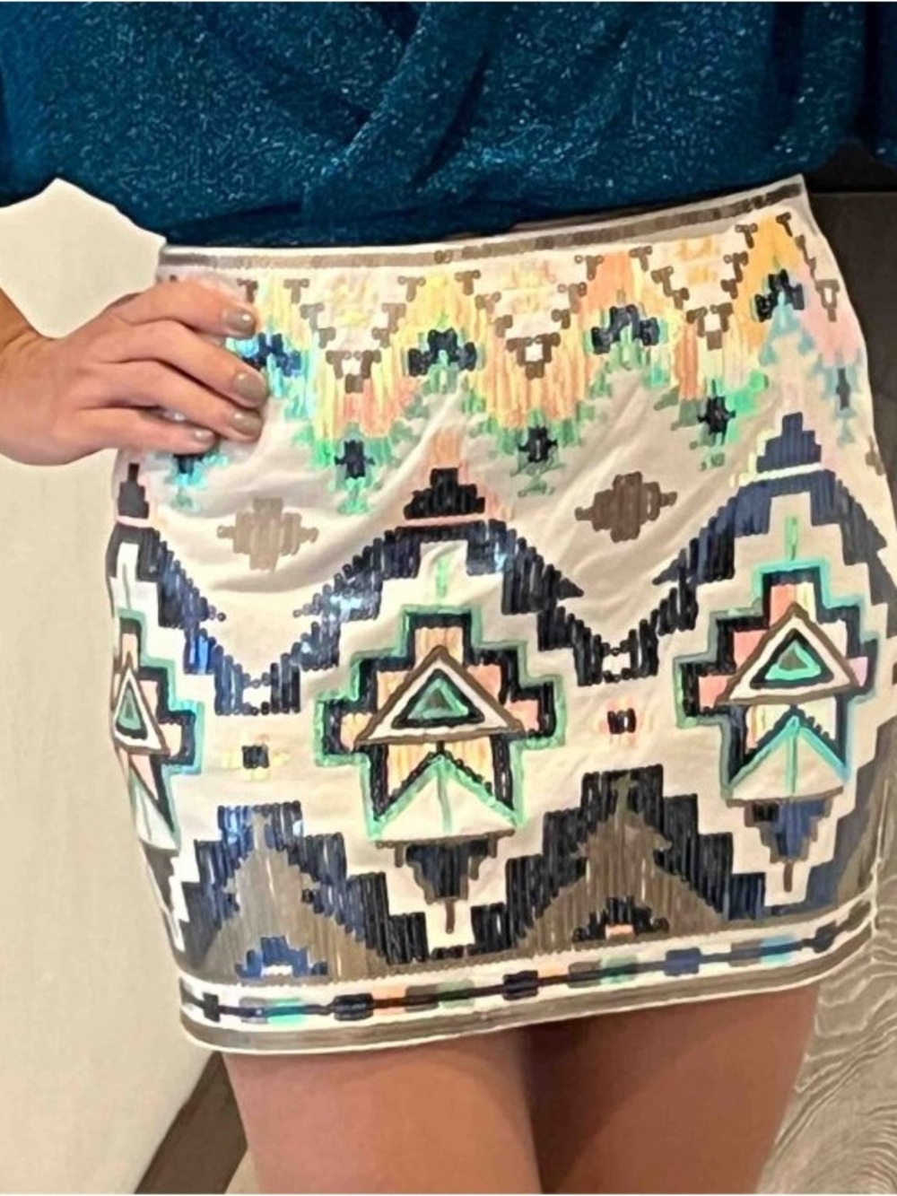 Express White Mini Skirt with Multicolor Aztec Sequin Pattern